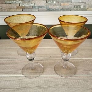 Pier 1 Amber Bubble Blown Martini Glasses Set‎ of 4
